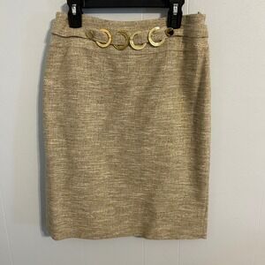 ANTONIO MELANI Gold Tweed Pencil Skirt Statement Belt Detail Women‎ Size 0